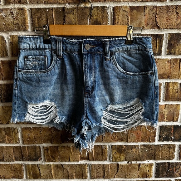 bp Blue Distressed Jean Shorts with Frayed Hem - Picture 2 of 8
